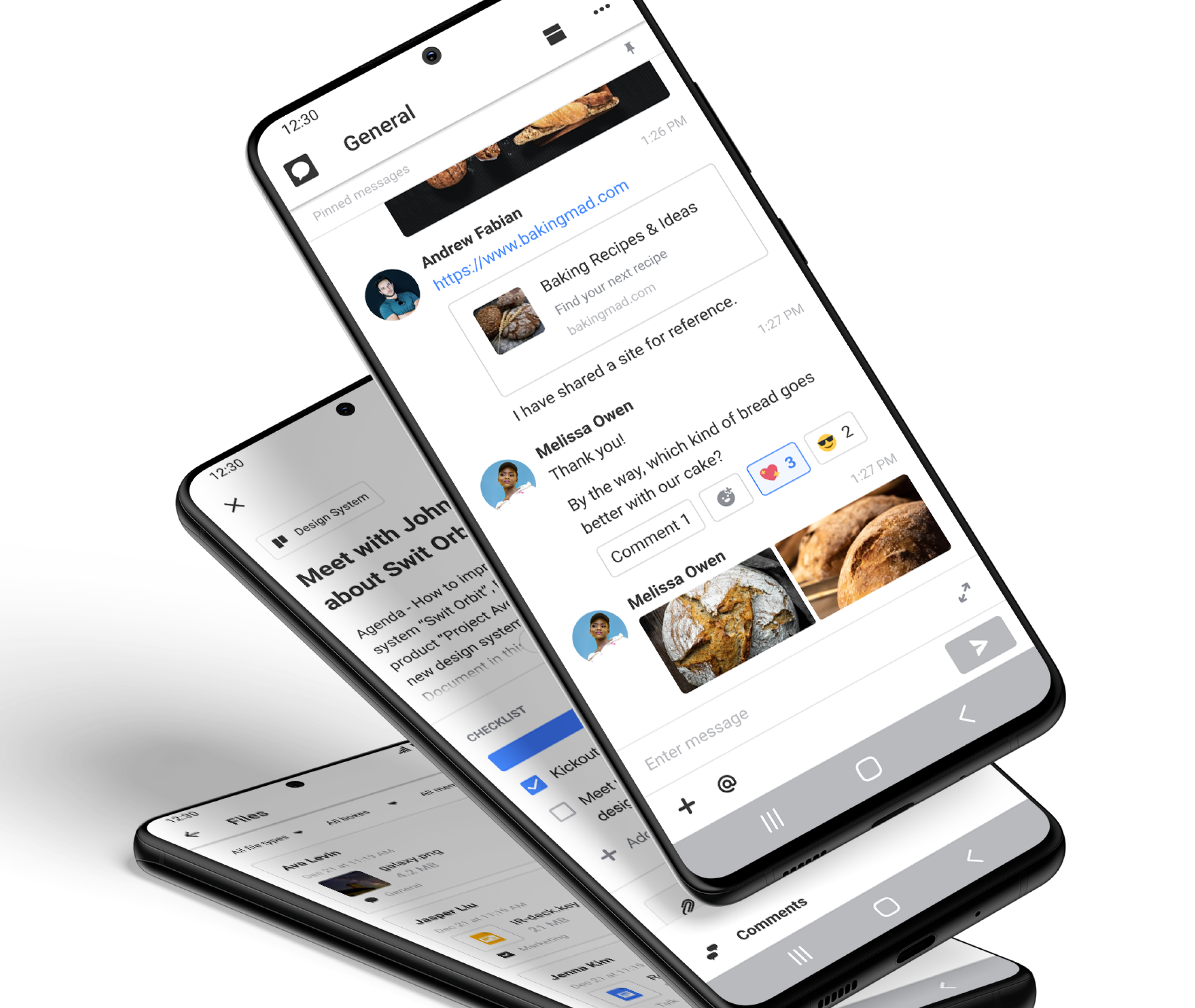 Swit Android 앱에서 문서함, 업무 상세, 채널 화면을 열어 둔 모습.